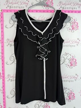 Isabella Rodriguez shirt blouse Black Sleeveless Ruffle Top with White Trim